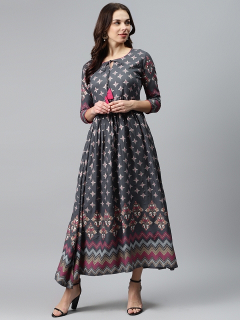 

mokshi Women Charcoal Grey & Off-White Printed Asymmetric Maxi Dress