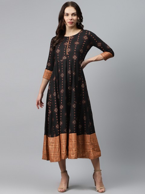 

mokshi Women Black & Rust Orange Printed Maxi Dress
