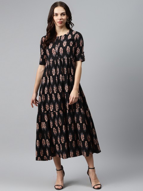 

mokshi Women Black & Coral Orange Cotton Printed Maxi Dress