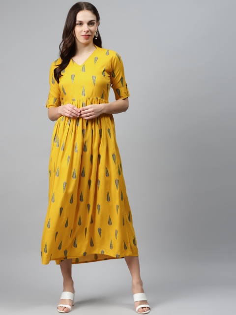 

mokshi Women Mustard Yellow & Green Printed Maxi Dress