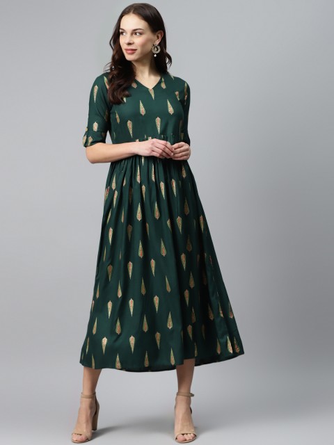 

mokshi Women Green Printed Maxi Dress