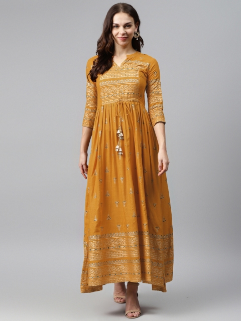 

mokshi Mustard Yellow & Golden Ethnic Motifs Printed Asymmetric Maxi Dress
