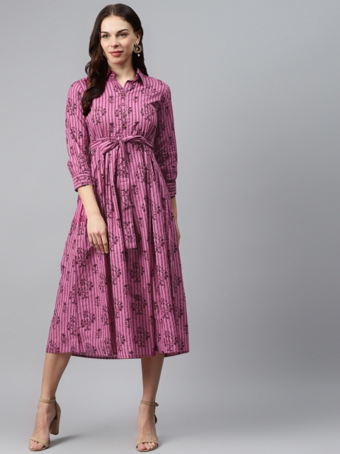 

mokshi Women Purple Cotton Striped Shirt Dress With Belt