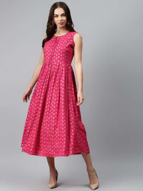 

mokshi Women Pink & Coral Orange Printed Maxi Dress