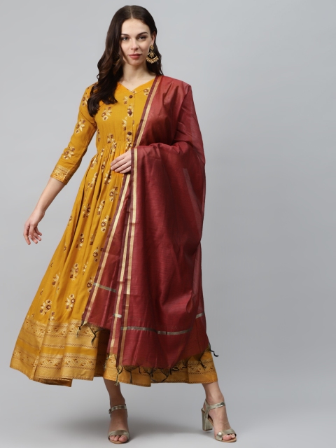 

mokshi Women Mustard Yellow & Maroon Printed Maxi Dress with Dupatta