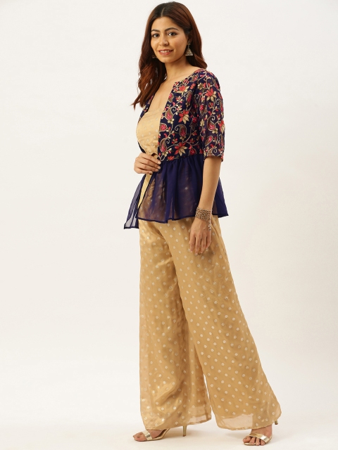 

EthnoVogue Women Beige & Navy Blue Printed Made To Measure Clothing Set with Jacket