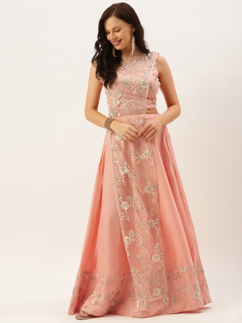 

EthnoVogue Peach-Coloured & Golden Embroidered Net Made to Measure Lehenga Choli