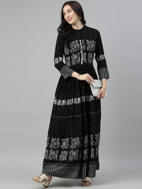 

AHIKA Women Black & White Floral Embroidered Ankle Length Straight Kurta