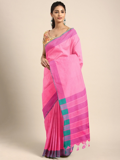 

KALINI Pink Cotton Blend Striped Handloom Chanderi Saree