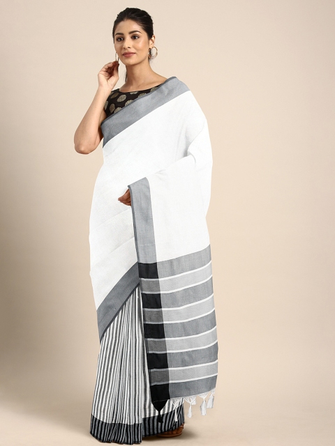 

KALINI White & Grey Cotton Blend Striped Handloom Chanderi Saree