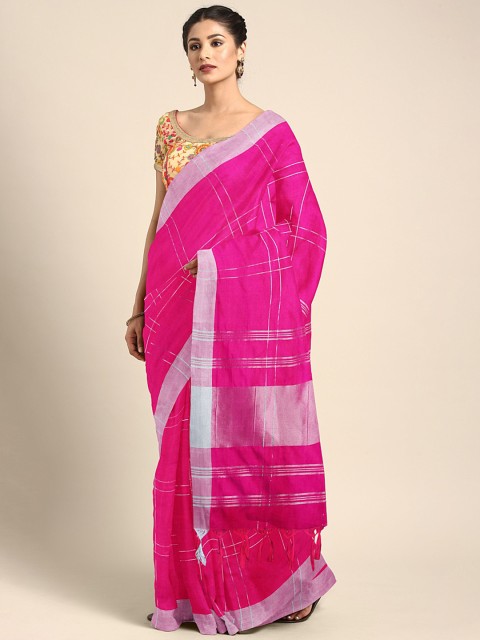 

KALINI Pink & Silver-Toned Checked Chanderi Saree