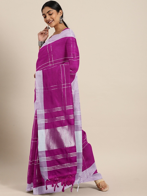 

KALINI Purple & Silver-Toned Checked Chanderi Saree