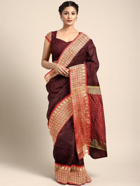 

KALINI Brown & Gold-Toned Striped Chanderi Saree