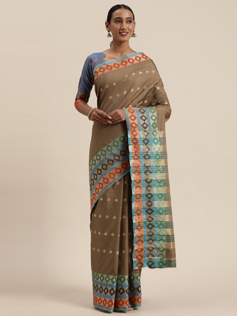 

KALINI Grey & Gold-Toned Cotton Blend Woven Design Khadi Saree