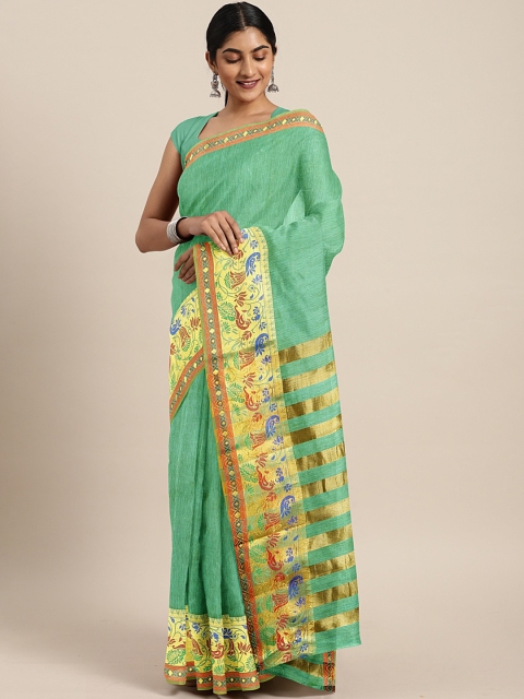 

KALINI Green & Gold-Toned Solid Khadi Saree