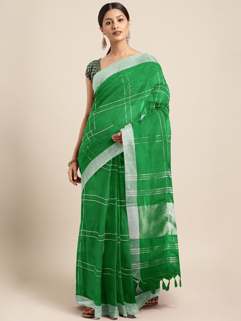 

KALINI Green & Silver-Toned Checked Chanderi Handloom Saree