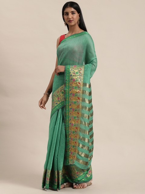 

KALINI Teal Green Solid Cotton Blend Saree