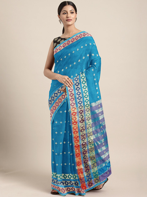 

KALINI Turquoise Blue & Cream-Coloured Woven Design Khadi Saree