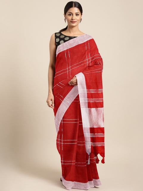 

KALINI Red & Silver-Toned Checked Chanderi Handloom Saree