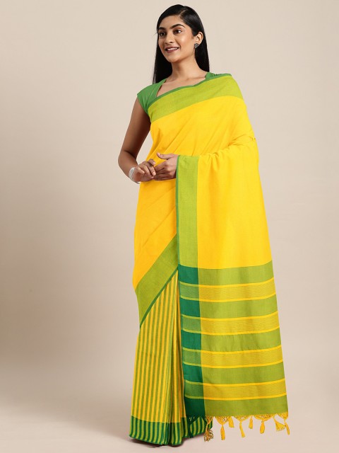 

KALINI Yellow & Green Striped Chanderi Saree