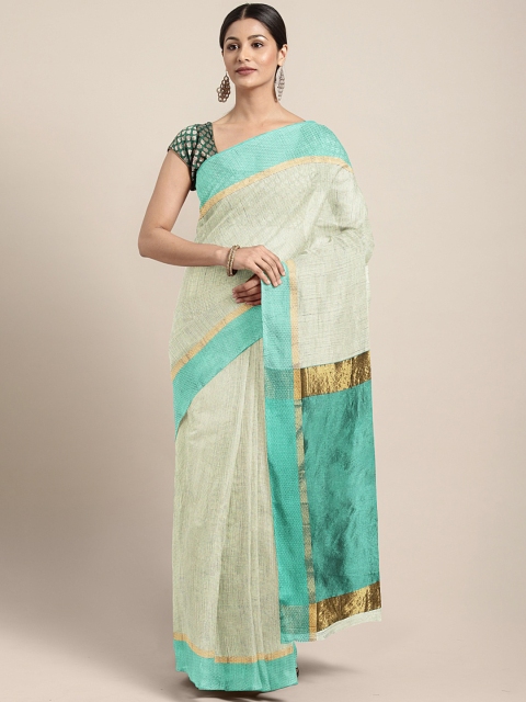 

KALINI Beige & Sea Green Cotton Blend Woven Design Khadi Saree