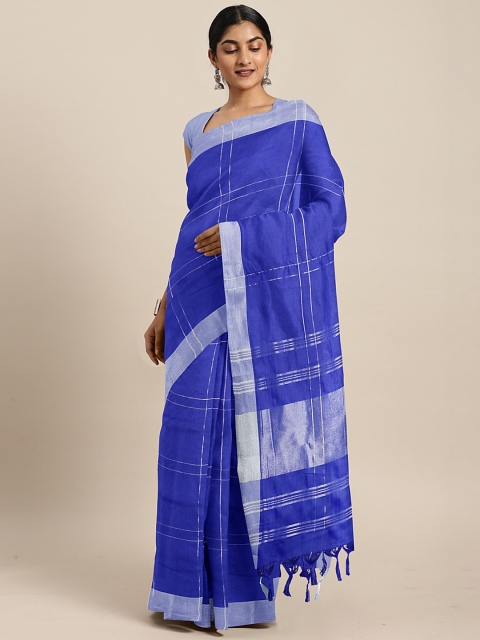 

KALINI Blue & Silver-Coloured Polycotton Checked Chanderi Saree