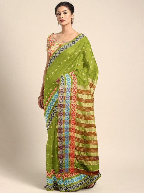 

KALINI Green & Multicoloured Woven Design Khadi Saree