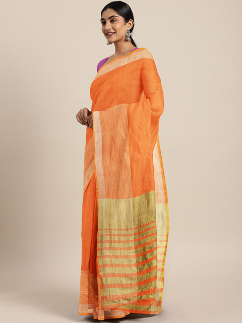 

KALINI Orange Solid Chanderi Saree