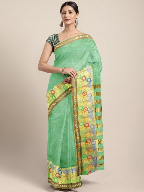 

KALINI Green Cotton Blend Solid Khadi Saree