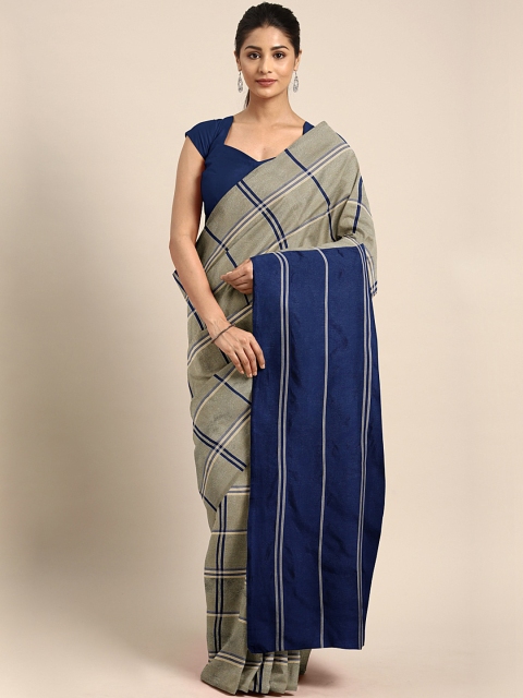 

KALINI Grey & Blue Checked Chanderi Saree