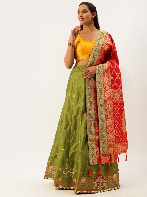 

panchhi Olive Green & Mustard Embroidered Semi-Stitched Lehenga & Unstitched Blouse with Dupatta