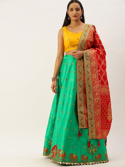 

panchhi Sea Green & Mustard Embellished Semi-Stitched Lehenga & Unstitched Blouse with Dupatta