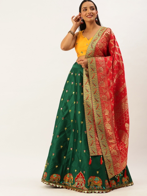 

panchhi Green & Mustard Embroidered Semi-Stitched Lehenga & Unstitched Blouse with Dupatta