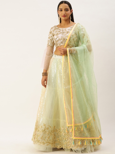 

panchhi Sea Green & Off-White Embroidered Semi-Stitched Lehenga & Unstitched Blouse with Dupatta
