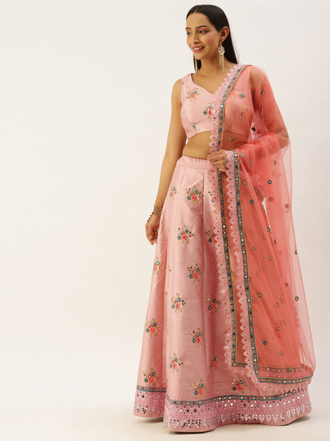 

panchhi Pink Embroidered Semi-Stitched Lehenga & Unstitched Blouse with Dupatta