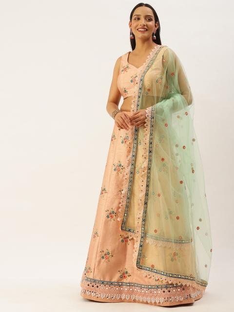 

panchhi Peach-Coloured & Sea Green Embroidered Semi-Stitched Lehenga & Unstitched Blouse with Dupatta