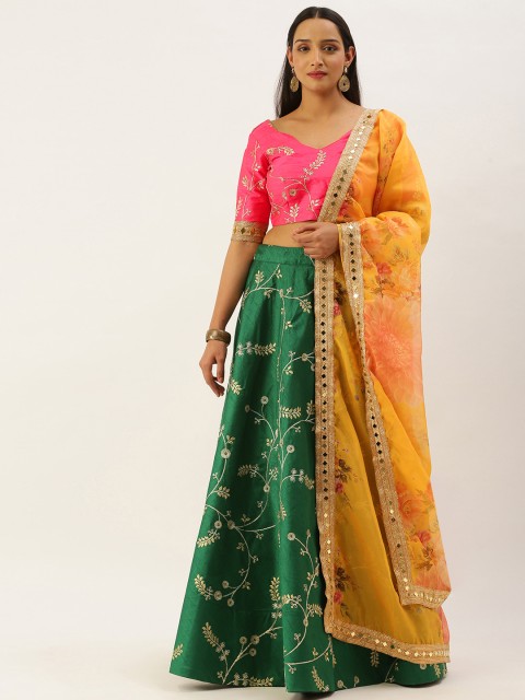 

panchhi Green & Pink Embroidered Semi-Stitched Lehenga & Unstitched Blouse with Dupatta