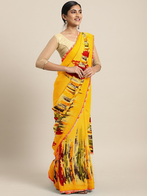 

KALINI Mustard Yellow Printed Poly Georgette Saree