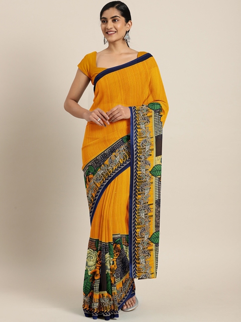 

KALINI Mustard Yellow & Navy Blue Striped Saree