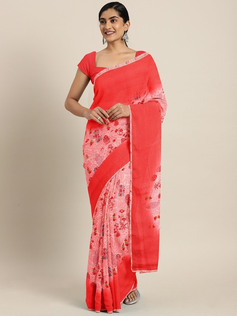 

KALINI Coral Pink Printed Poly Georgette Saree