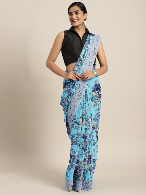 

KALINI Turquoise Blue & Grey Poly Georgette Floral Printed Saree