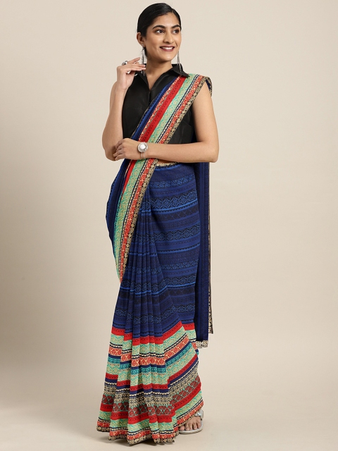 

KALINI Navy Blue Striped Poly Georgette Saree