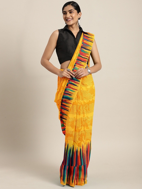 

KALINI Mustard Yellow & Blue Floral Printed Saree
