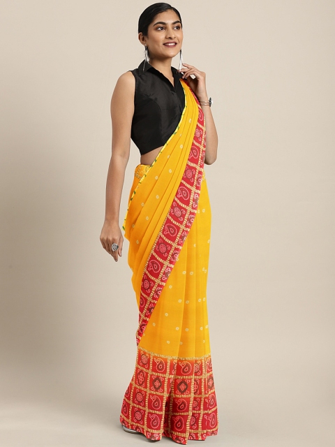 

KALINI Mustard Yellow & Red Bandhani Printed Saree