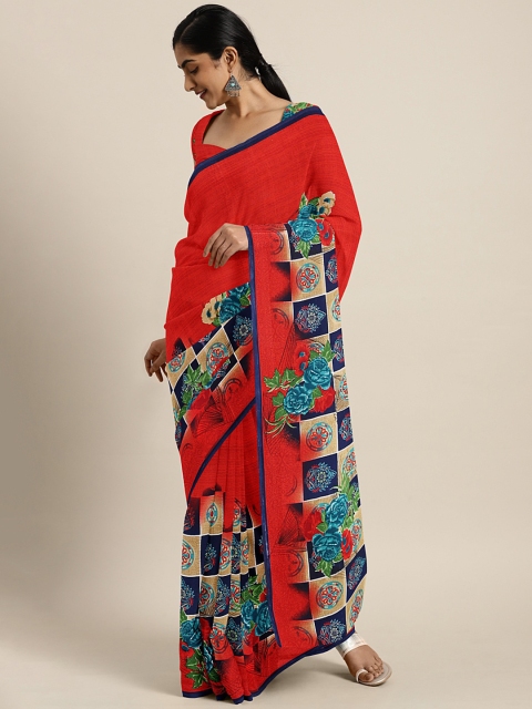 

KALINI Red & Navy Blue Poly Georgette Floral Printed Saree