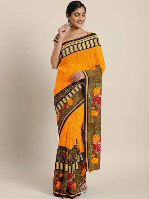 

KALINI Mustard Yellow & Beige Poly Georgette Printed Saree