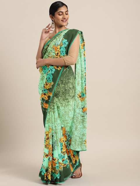

KALINI Green & Mustard Poly Georgette Printed Saree