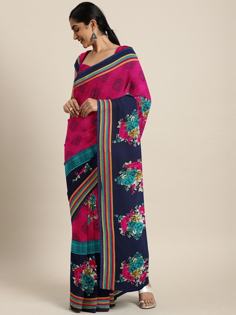 

KALINI Pink & Navy Blue Poly Georgette Floral Printed Saree