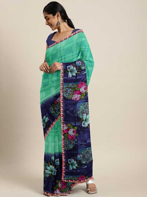

KALINI Sea Green & Navy Blue Poly Georgette Floral Printed Saree
