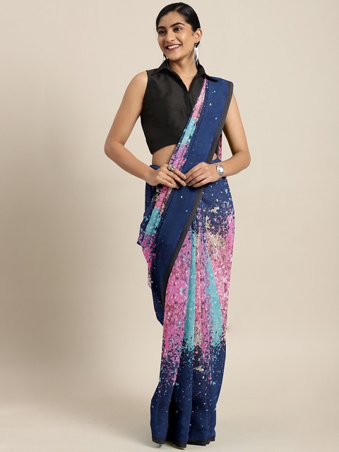 

KALINI Navy Blue & Pink Printed Saree